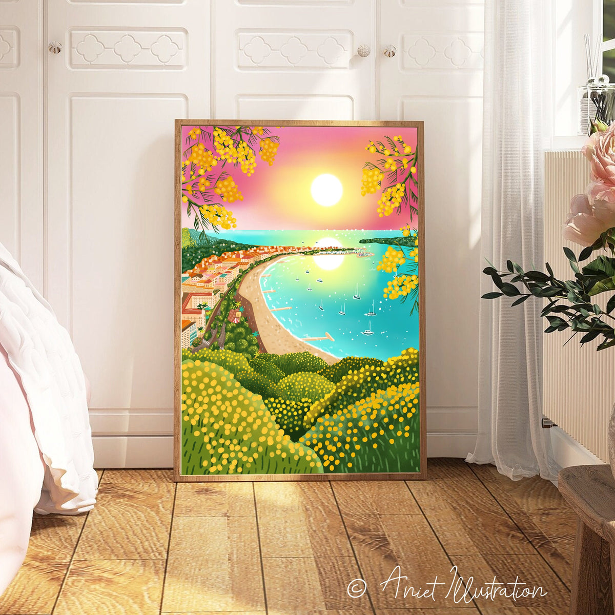 France Art Print Tropical Beach Wall Art Cannes Cote d&#39;Azur Provence Travel Art Print Home Decor Mimosa Housewarming Gift Travel Poster 0511