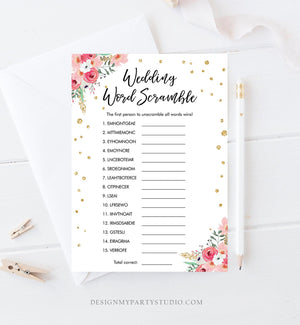Editable Wedding Word Scramble Bridal Shower Game Floral Pink Gold Confetti Word Puzzle Unscramble Words Download Corjl Printable 0030 0318