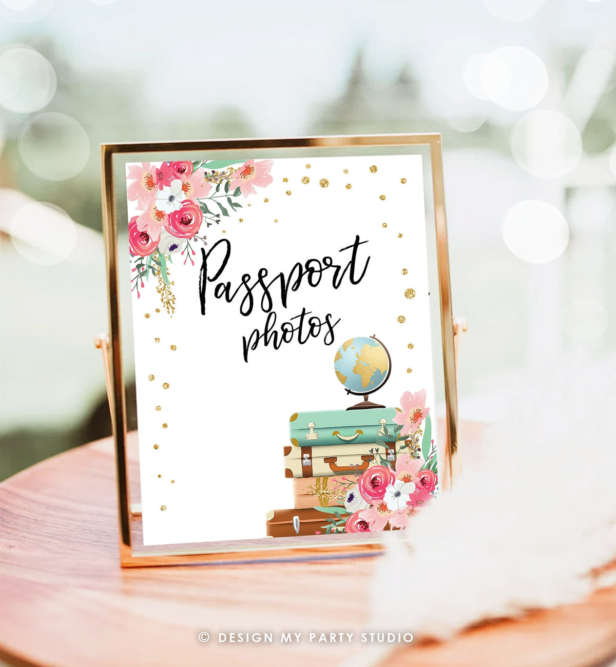 Passport Photos Sign Travel Adventure Bridal Shower Wedding Photo Booth Sign Adventure Pink Gold Confetti Instant Download Printable 0030
