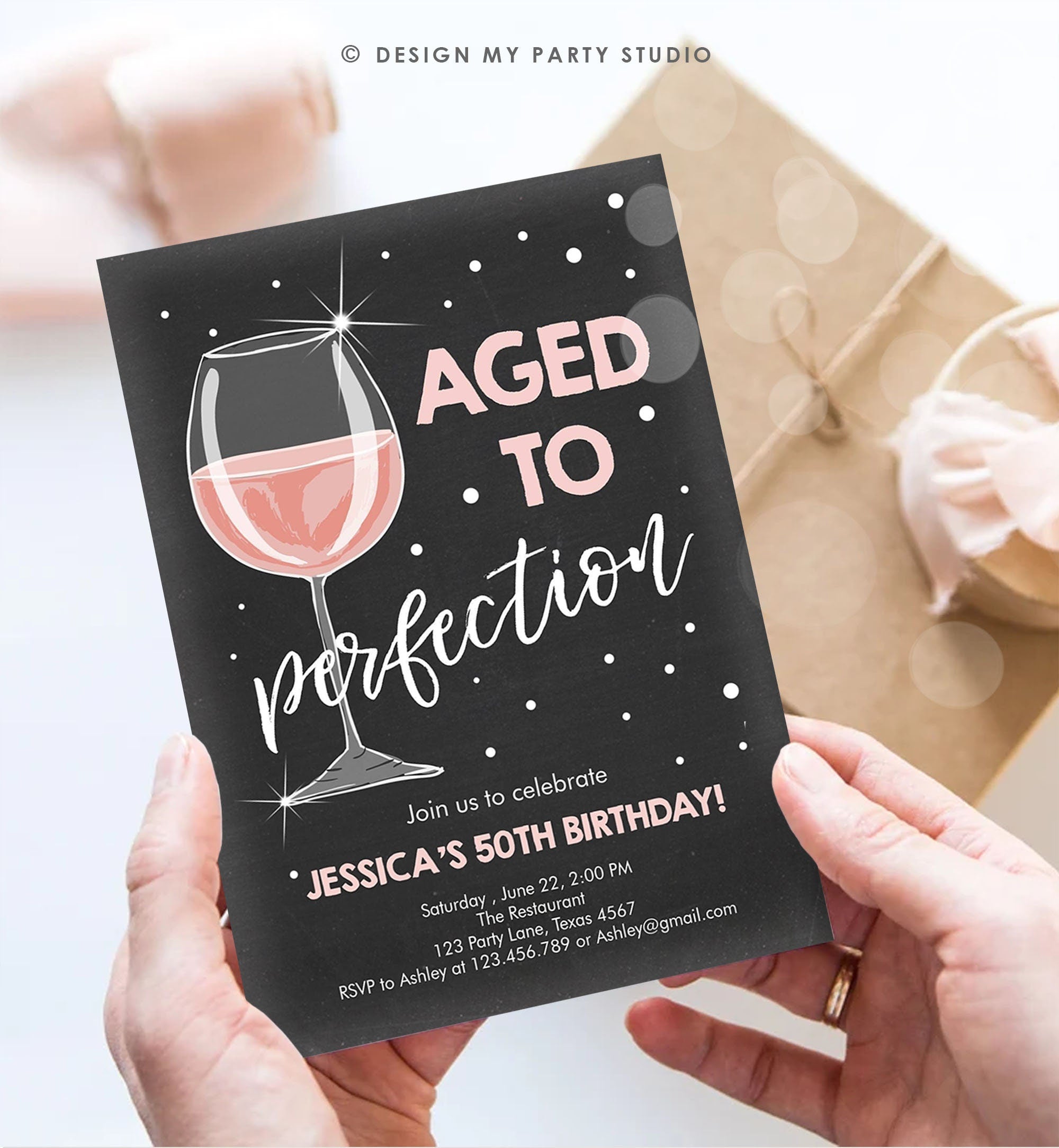Editable Aged to Perfection Birthday Invitation Wine Bubbly Adult Birthday Rustic Surprise Digital Download Evite Template Printable 0252