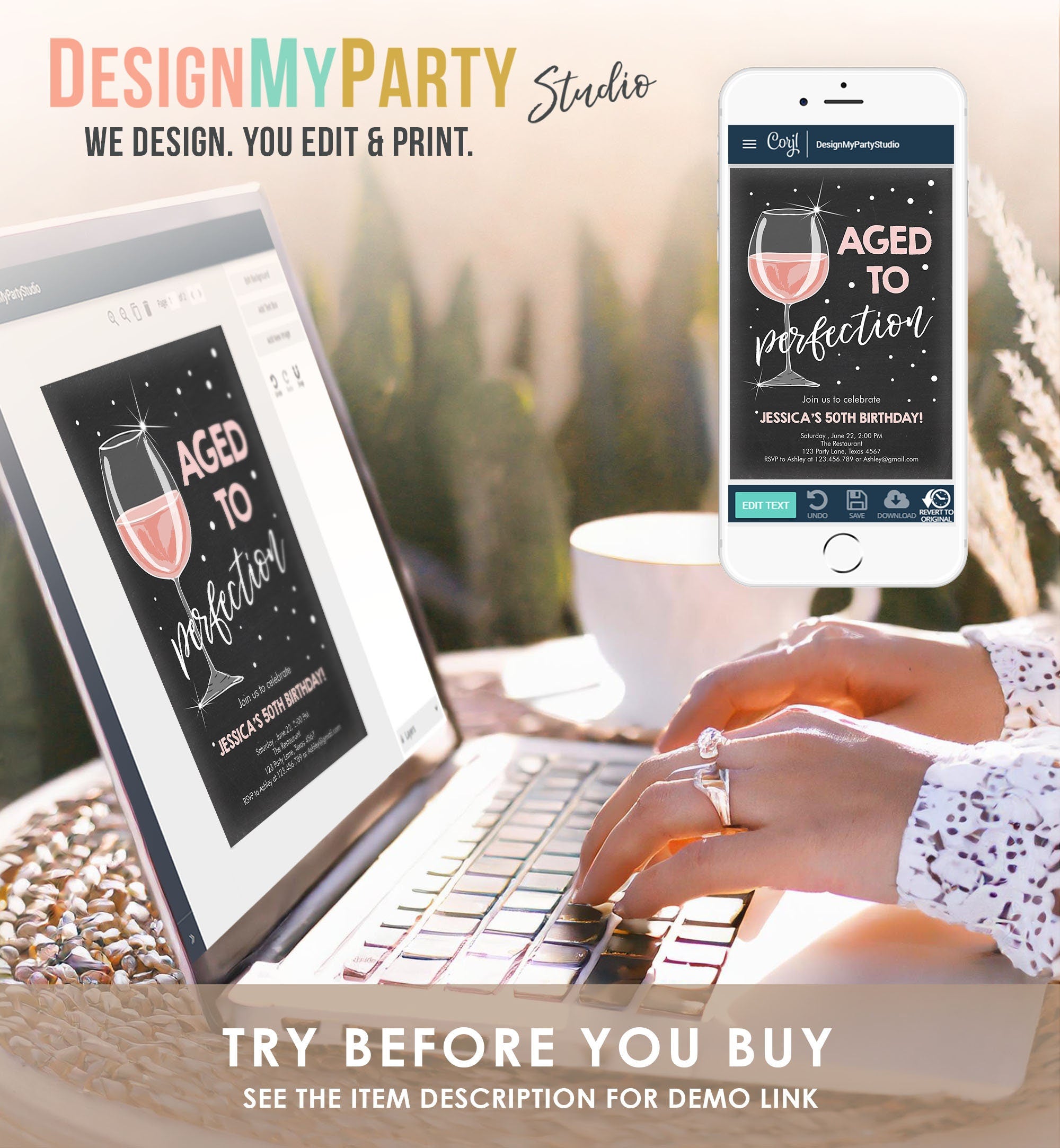 Editable Aged to Perfection Birthday Invitation Wine Bubbly Adult Birthday Rustic Surprise Digital Download Evite Template Printable 0252