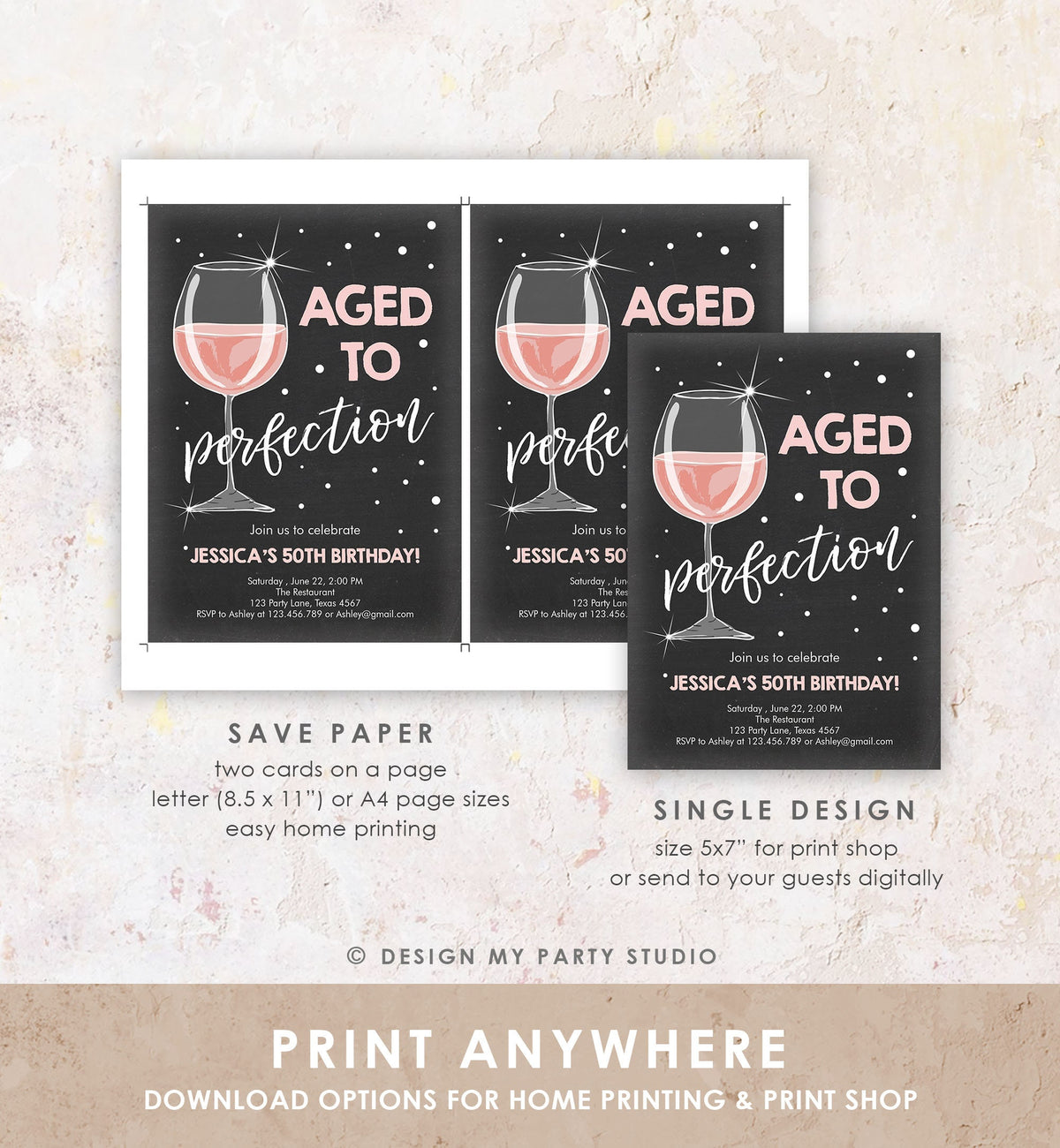 Editable Aged to Perfection Birthday Invitation Wine Bubbly Adult Birthday Rustic Surprise Digital Download Evite Template Printable 0252