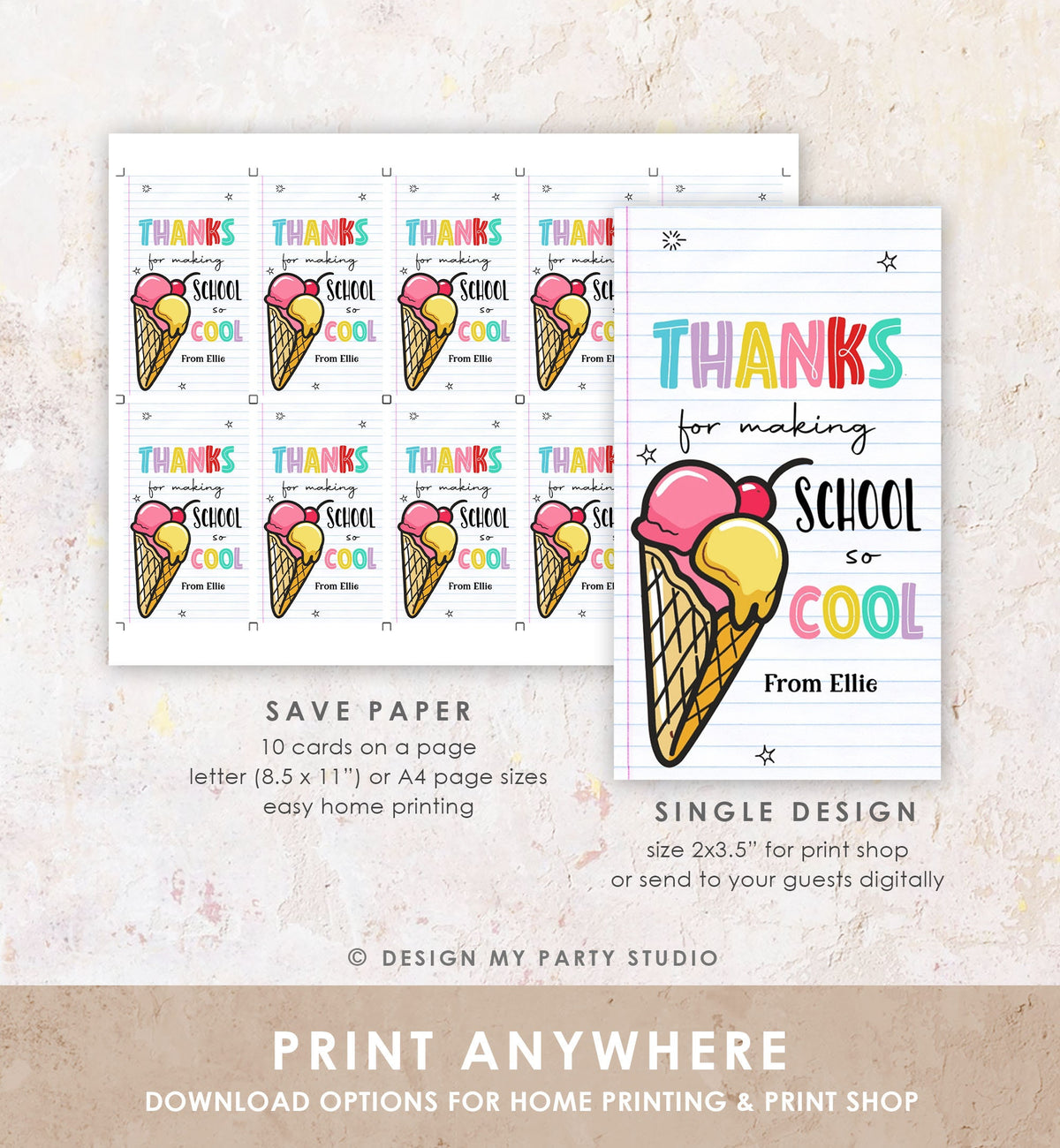 Editable Summer Ice Cream Teacher Appreciation Tag Kids End Of School Year Scoop Cool Thank You Classroom Digital Template Printable 0464