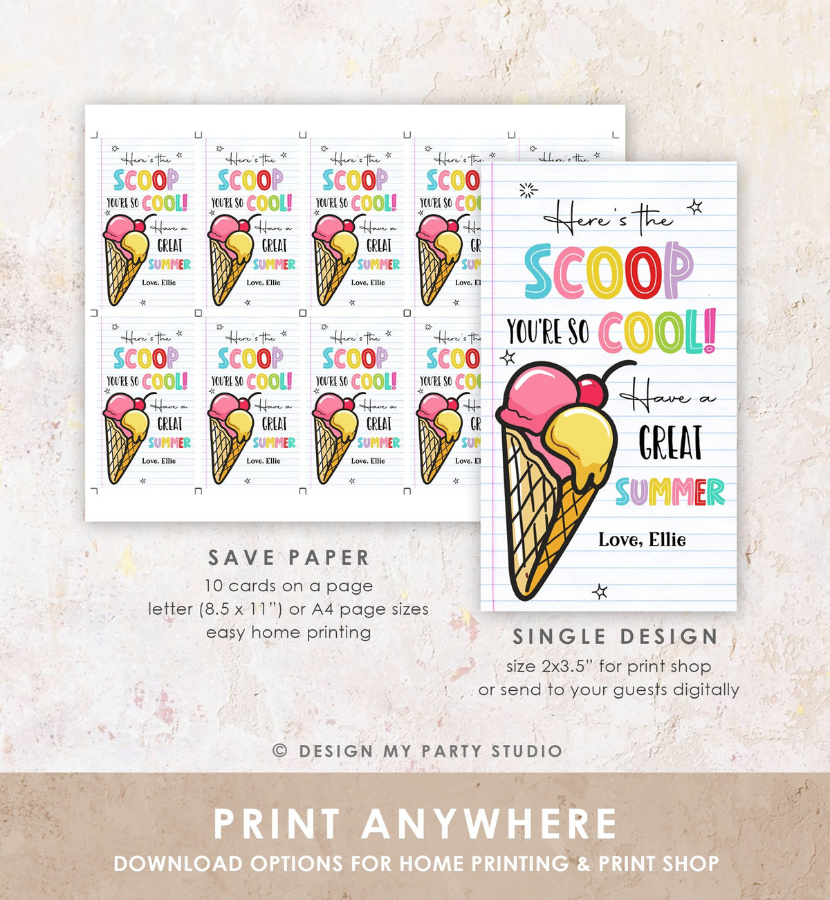 Editable Summer Ice Cream Teacher Appreciation Tag Kids End Of School Year Here&#39;s the Scoop You&#39;re so Cool Digital Template Printable 0464