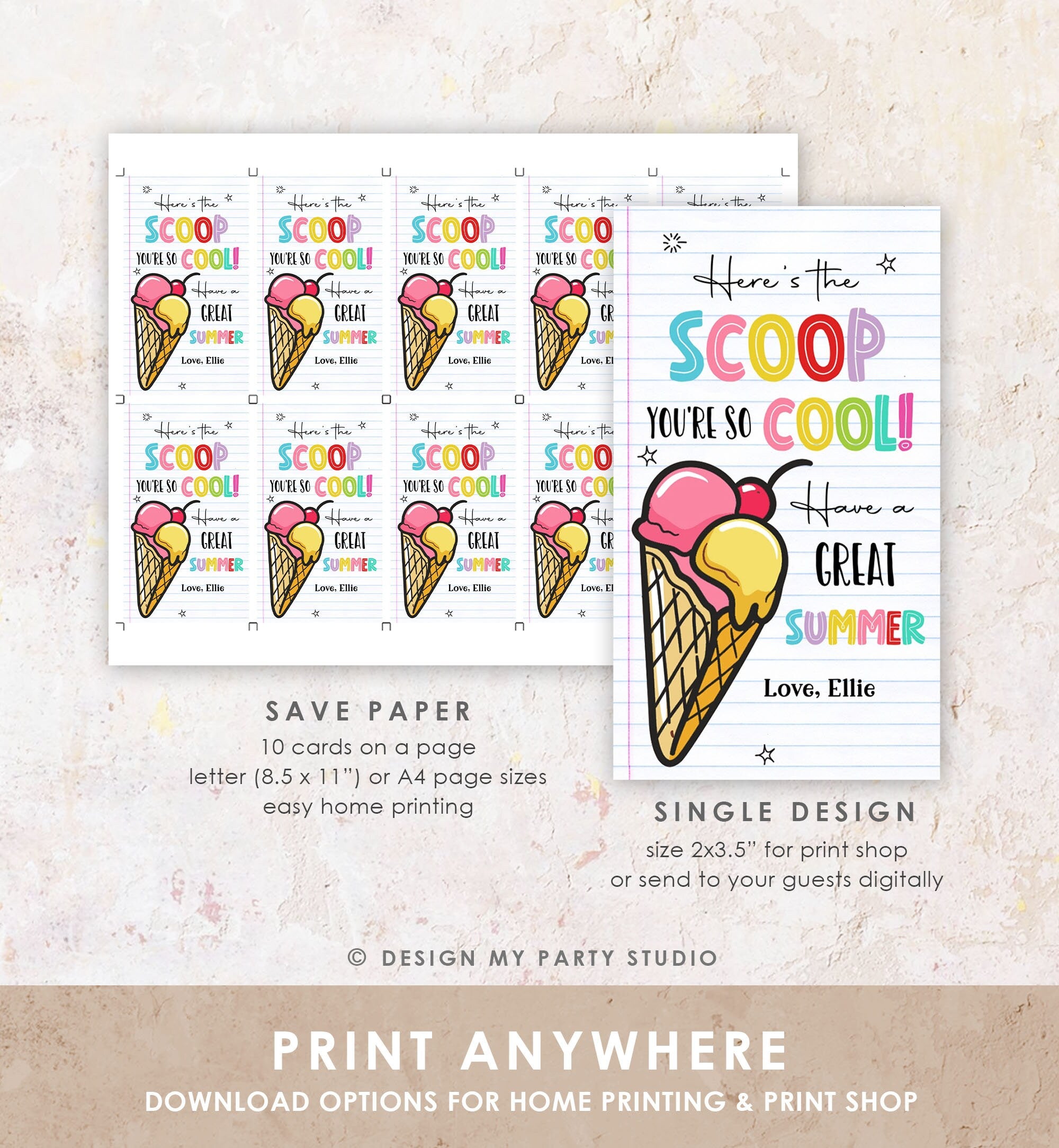 Editable Summer Ice Cream Teacher Appreciation Tag Kids End Of School Year Here's the Scoop You're so Cool Digital Template Printable 0464