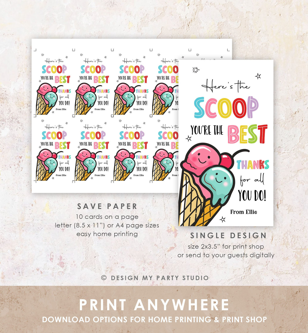 Editable Summer Ice Cream Teacher Appreciation Tag Kids End Of School Year Tag Here&#39;s the Scoop Employee Nurse Template Printable 0464
