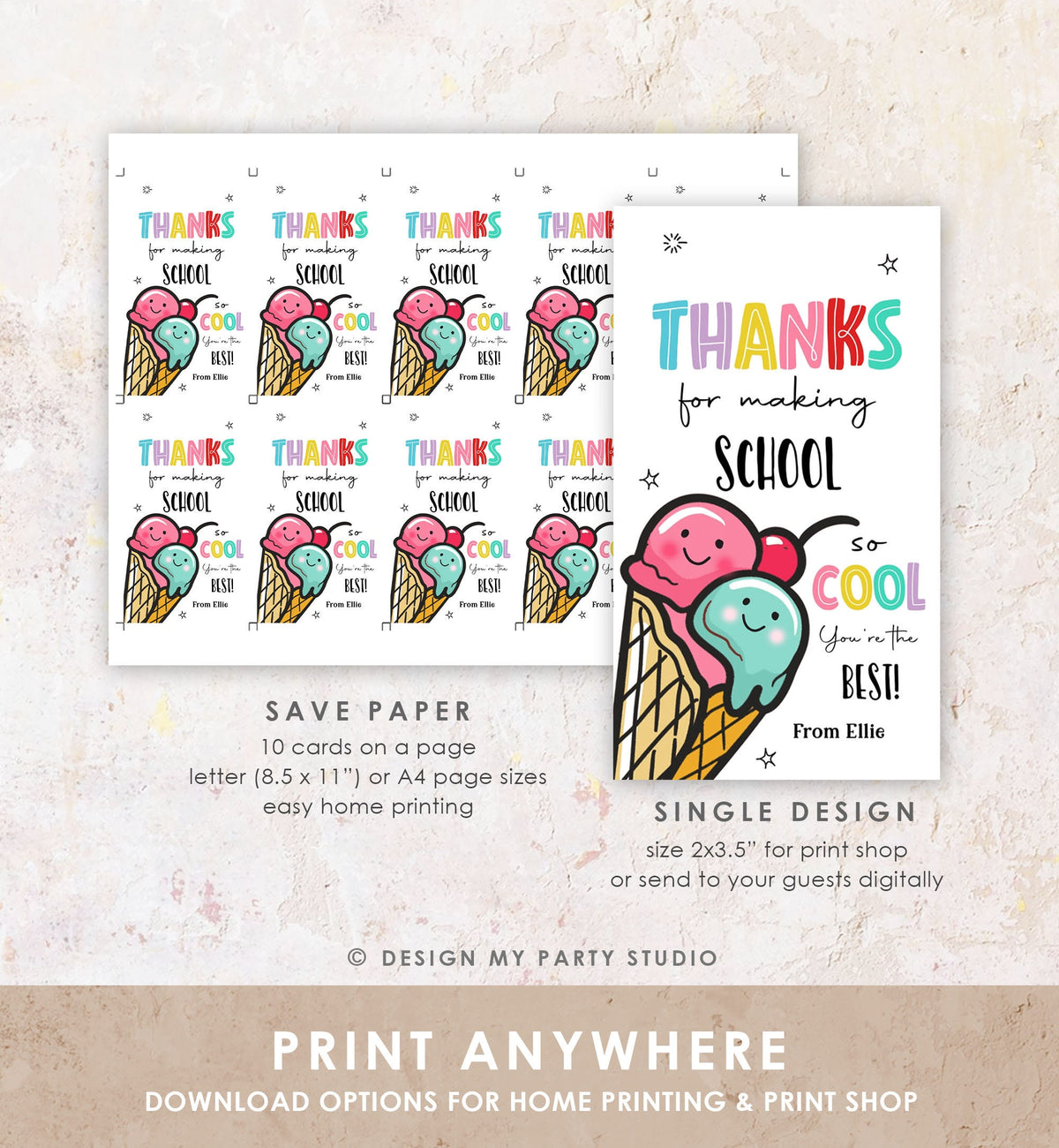 Editable Summer Ice Cream Teacher Appreciation Tag Kids End Of School Year Scoop Cool Thank You Classroom Digital Template Printable 0464