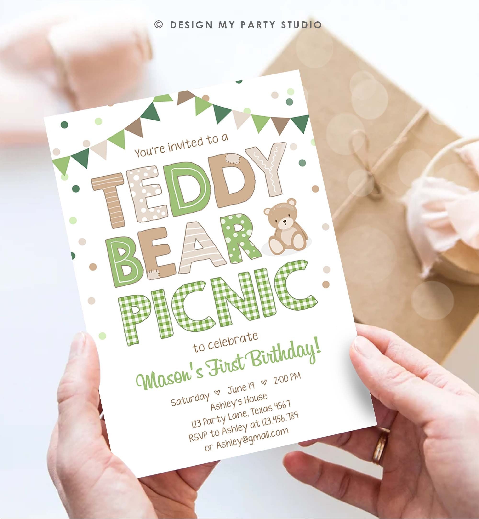 Editable Teddy Bear Picnic Birthday Invitation Boy Green Gingham Bear Picnic Outdoor First Birthday Evite Digital Download Template 0100