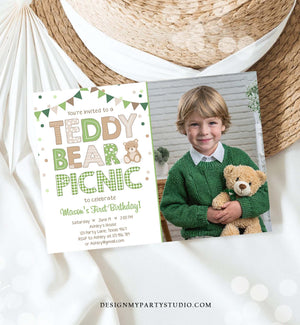 Editable Teddy Bear Picnic Birthday Invitation Boy Blue Brown Red Gingham Bear Picnic Outdoor First Birthday Digital Corjl Template 0100