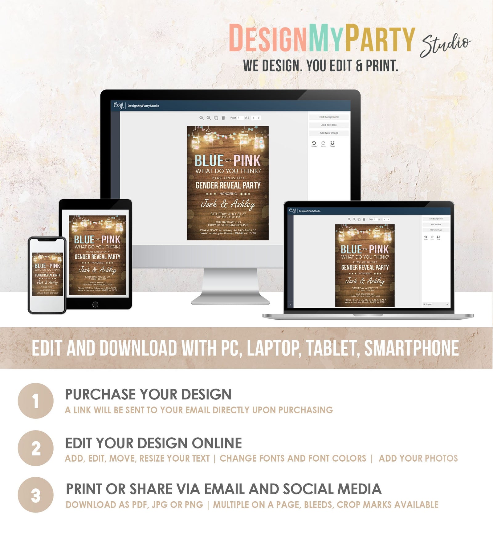 Editable Gender Reveal Invitation Baby Shower Boy or Girl Pink or Blue He She Wood Rustic Template Instant Download Digital Corjl 0015