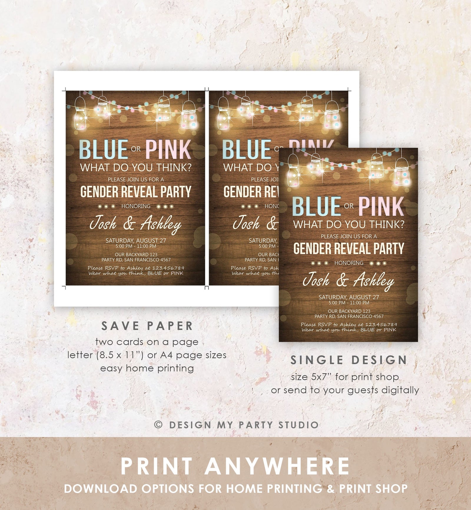 Editable Gender Reveal Invitation Baby Shower Boy or Girl Pink or Blue He She Wood Rustic Template Instant Download Digital Corjl 0015