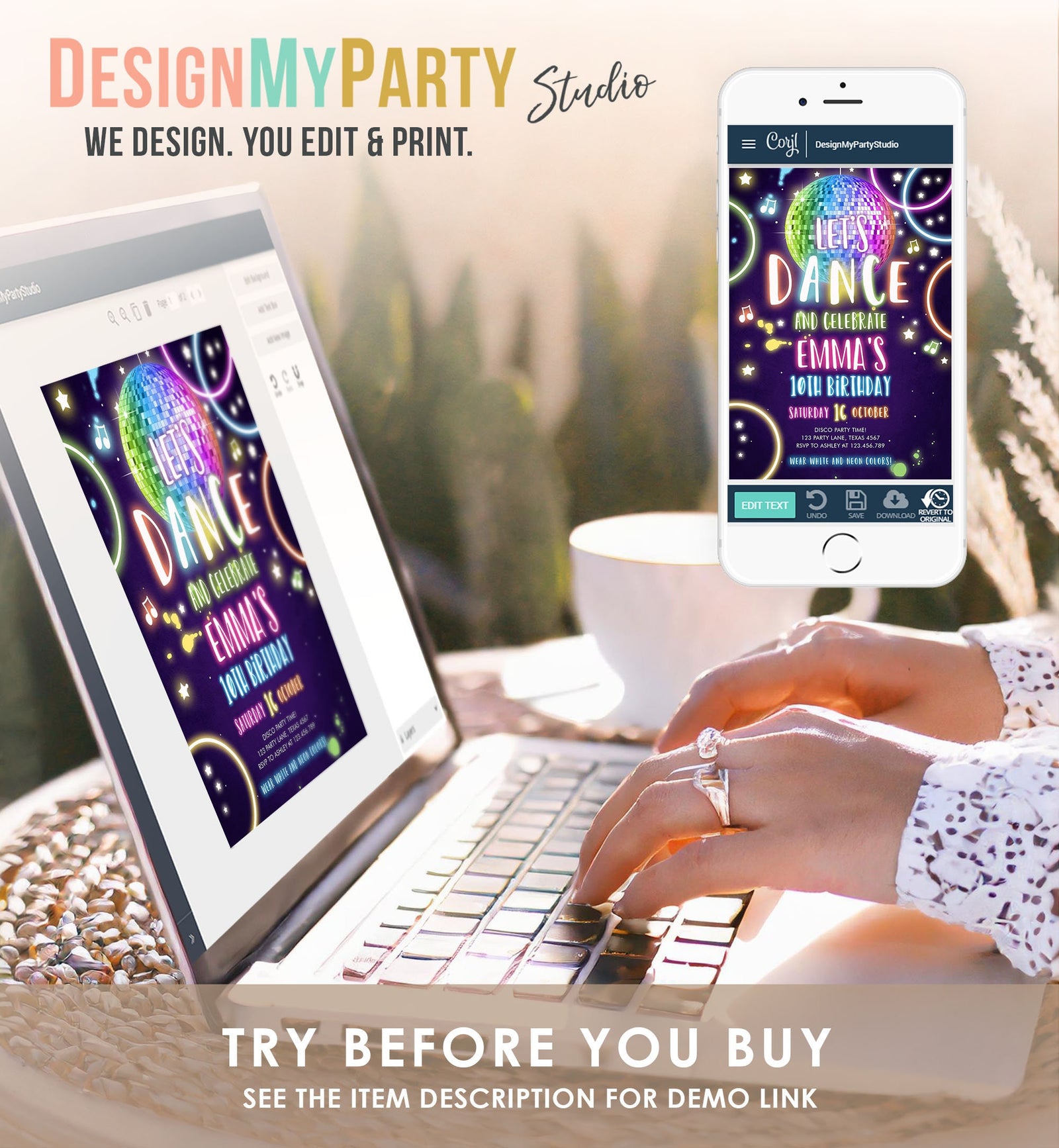 Editable Dance Party Birthday Invitation Disco Music Let's Dance Neon Glow In The Dark Party Girl Teen Pink Template Corjl Printable 0172