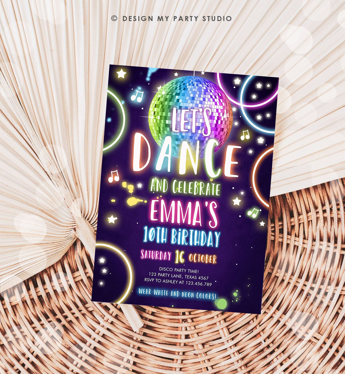 Editable Dance Party Birthday Invitation Disco Music Let&#39;s Dance Neon Glow In The Dark Party Girl Teen Pink Template Corjl Printable 0172