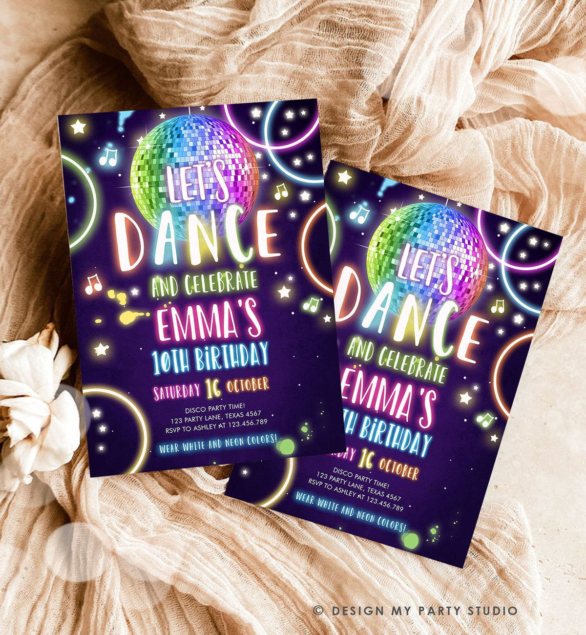 Editable Dance Party Birthday Invitation Disco Music Let&#39;s Dance Neon Glow In The Dark Party Girl Teen Pink Template Corjl Printable 0172