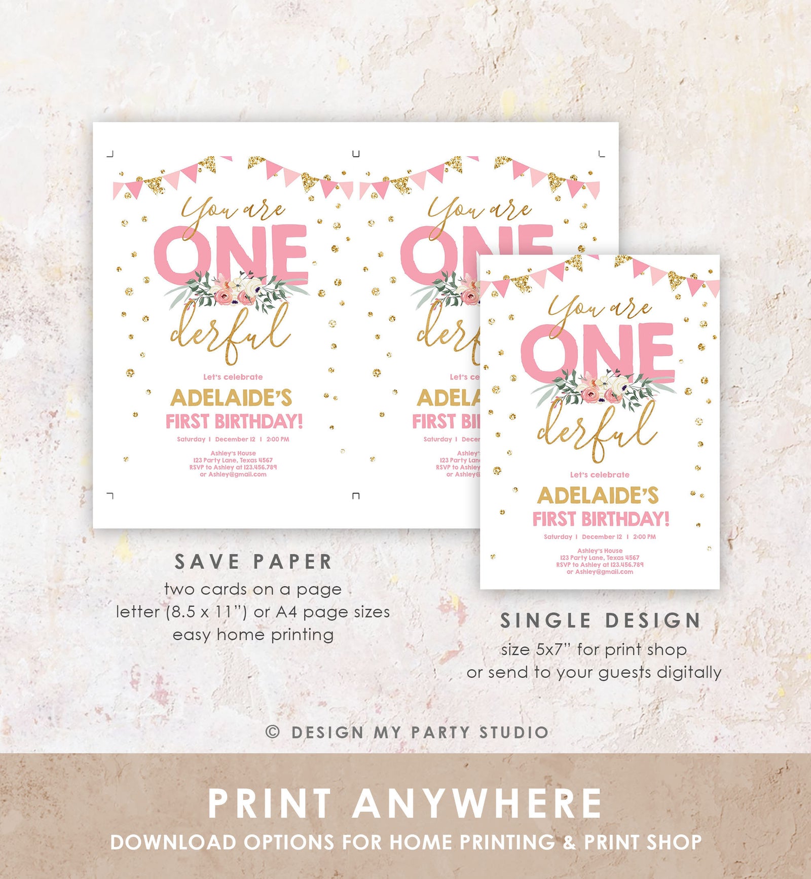 Editable Onederful Birthday Invitation Girls First Birthday Party They Are Onederful Pink Gold 1st Digital Download Template Printable 0165