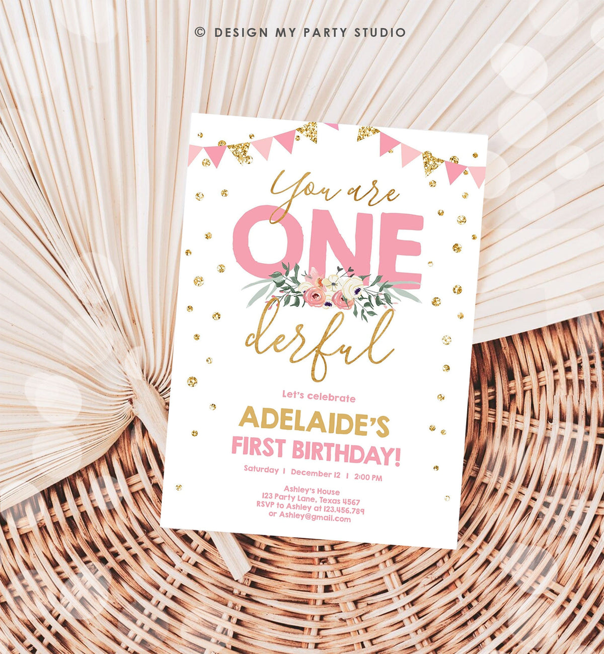 Editable Onederful Birthday Invitation Girls First Birthday Party They Are Onederful Pink Gold 1st Digital Download Template Printable 0165