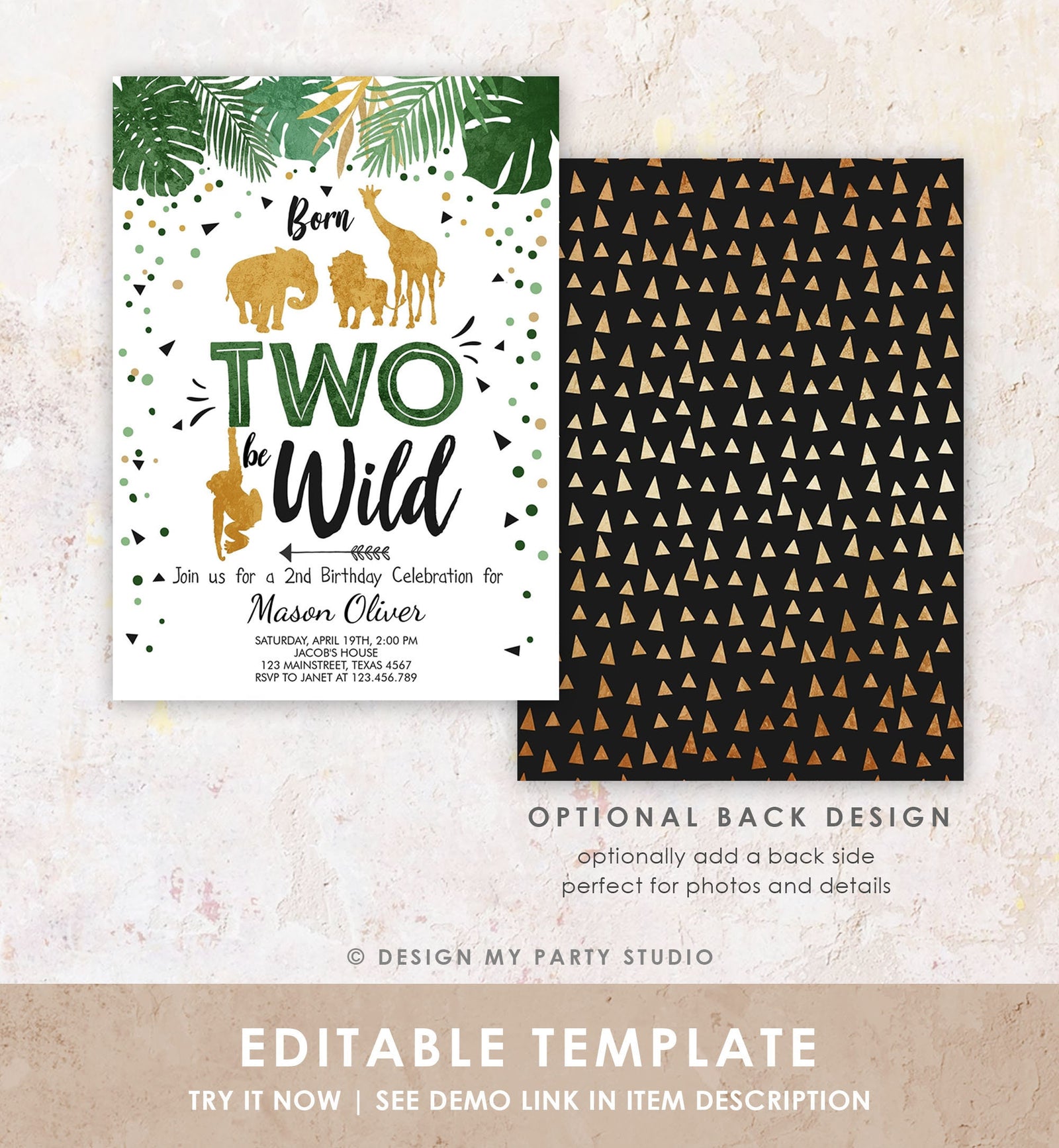 Editable Born Two Be Wild Birthday Invitation Boy Safari Animals Party Green Gold 2nd Birthday Digital Download Template Printable 0016