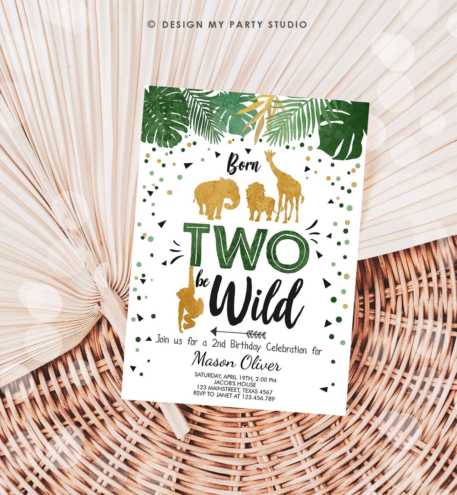 Editable Born Two Be Wild Birthday Invitation Boy Safari Animals Party Green Gold 2nd Birthday Digital Download Template Printable 0016