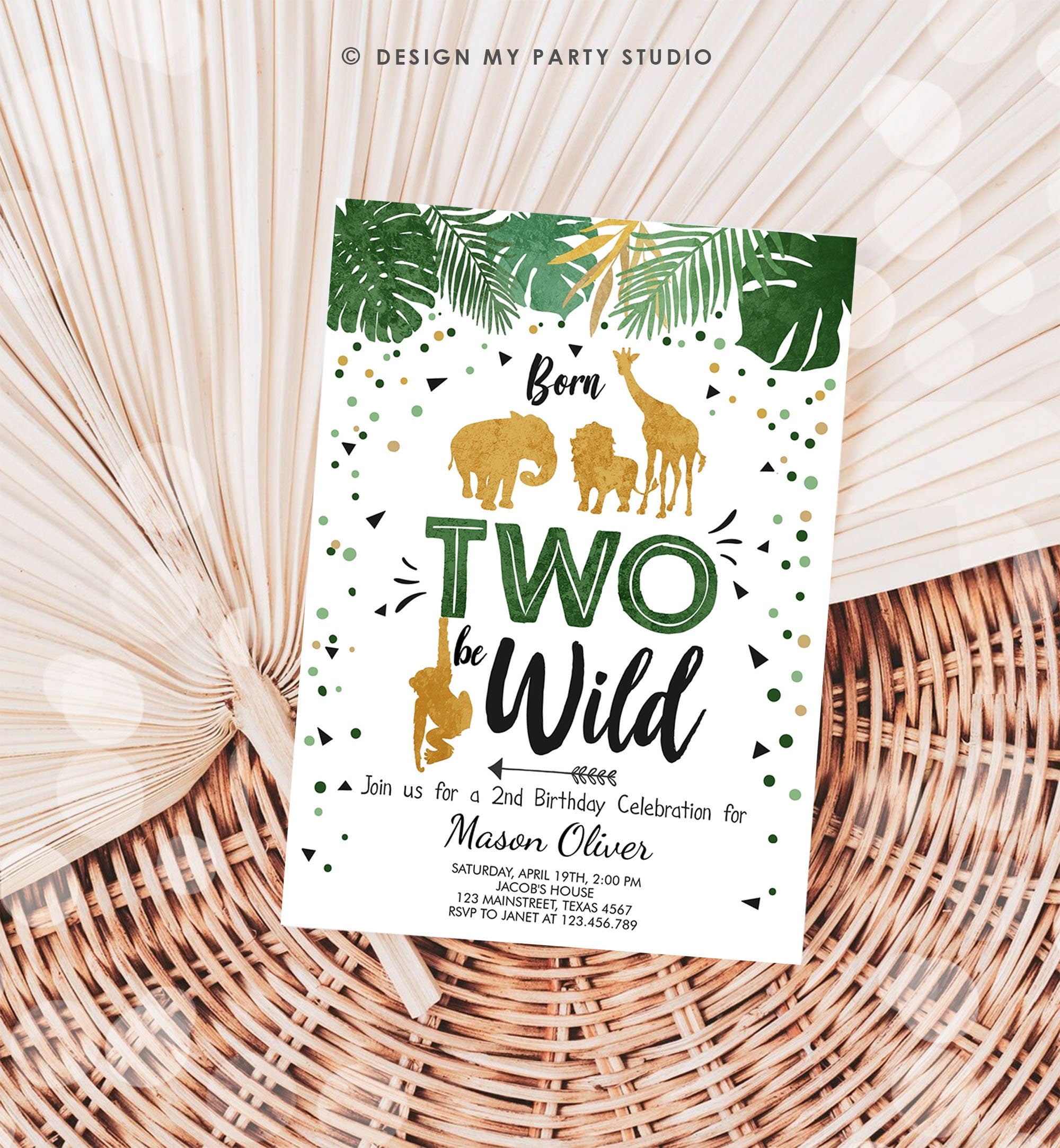 Editable Born Two Be Wild Birthday Invitation Boy Safari Animals Party Green Gold 2nd Birthday Digital Download Template Printable 0016