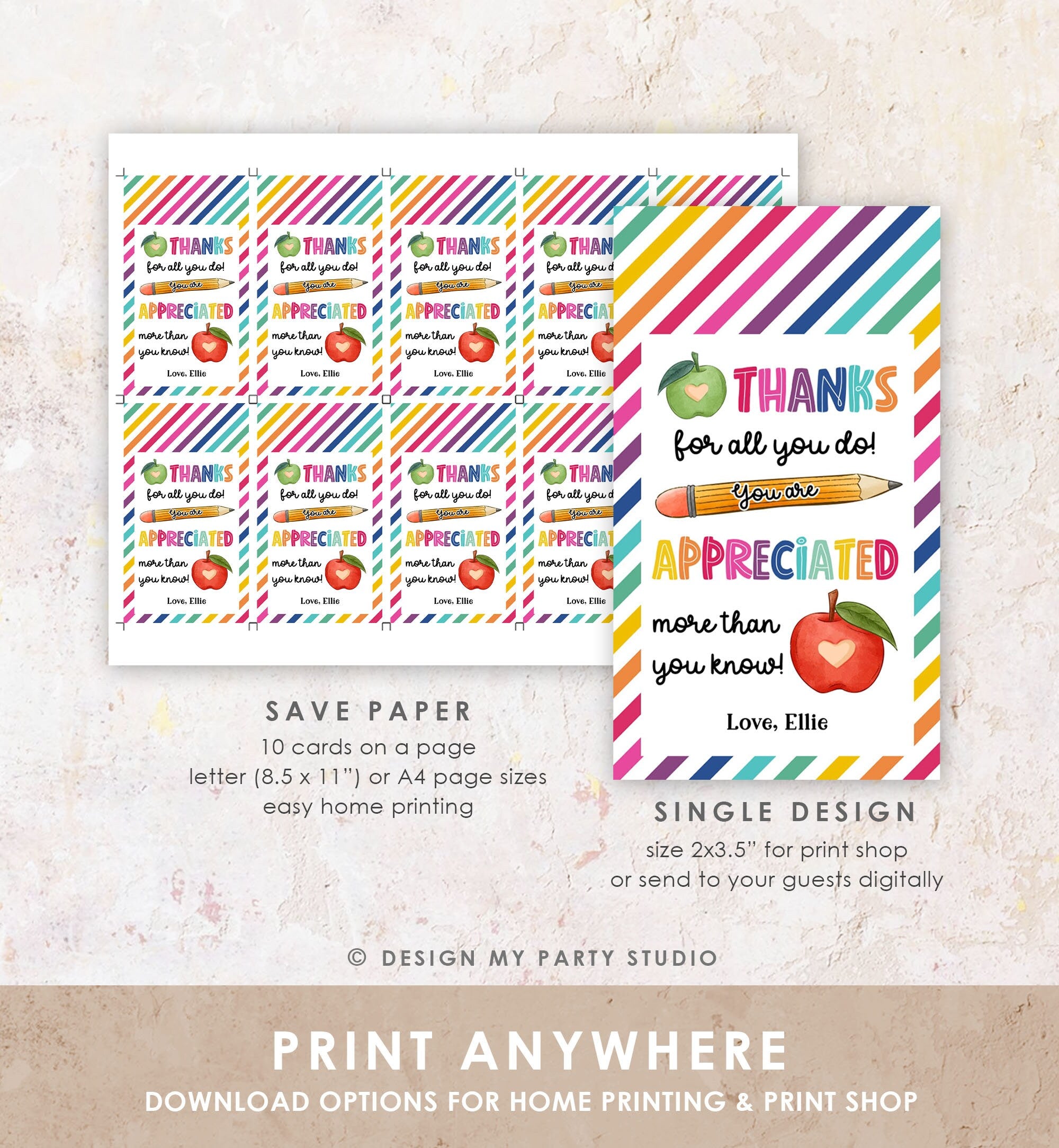 Editable Teacher Appreciation Tag Teacher Tag Thank you Gift Tag End of School Year Appreciation Rainbow Digital Template Printable 0464