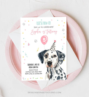 Editable Dog Birthday Party Invitation Dalmatian Birthday Invite Pink Girl Come Sit Stay Party Animal Download Printable Template Corjl 0384