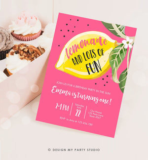 Editable Lemon Birthday Invitation Sunshine Lemonade and Fun Girl First Birthday Party Pink Sweet 1st Citrus Corjl Template Printable 0307