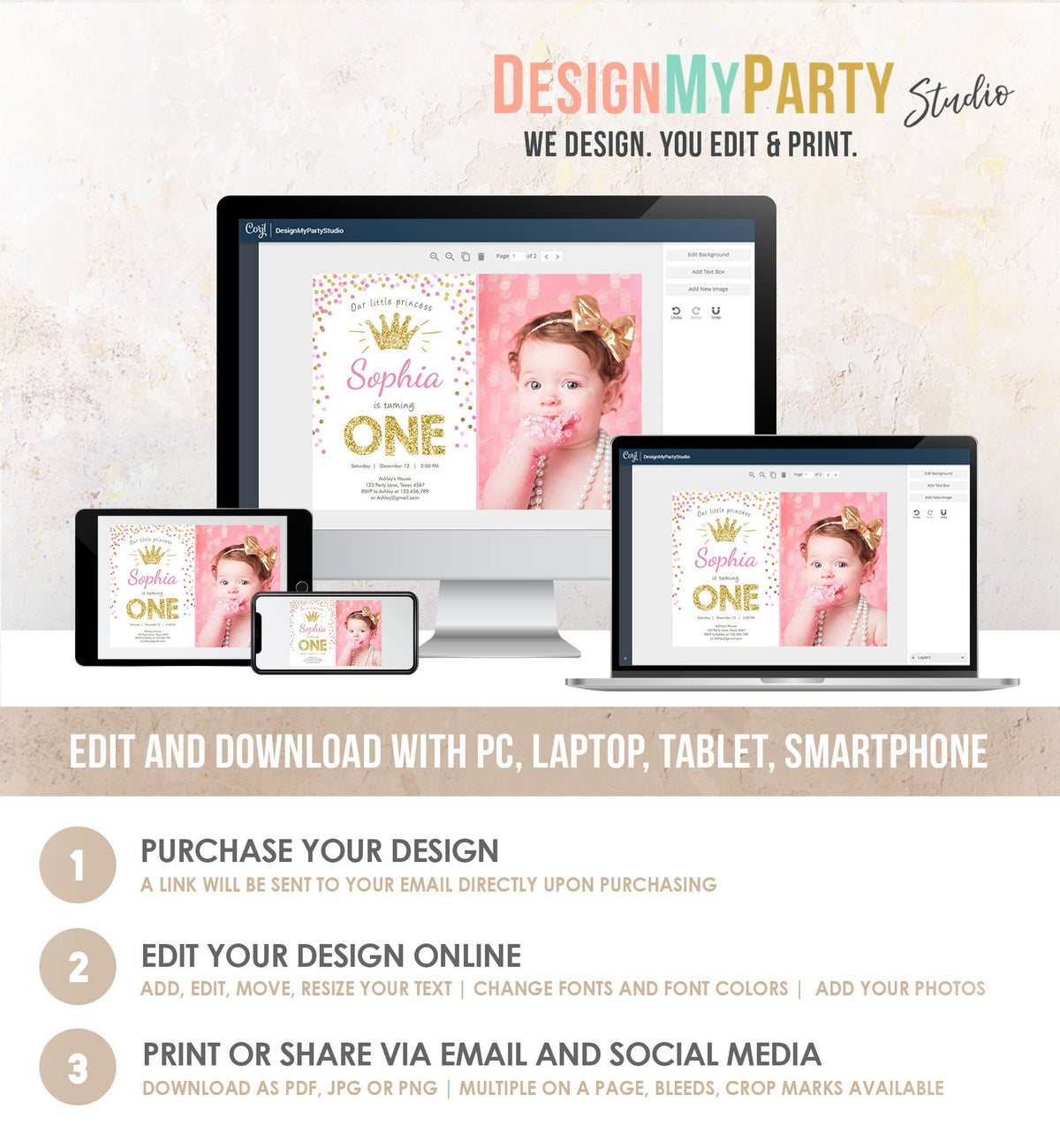 Editable Little Princess Birthday Invitation Girl Pink Gold First Birthday 1st ANY AGE Confetti Crown Download Evite Template Printable 0047