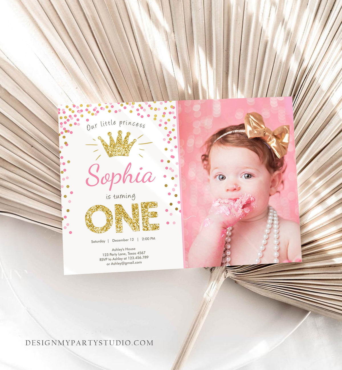 Editable Little Princess Birthday Invitation Girl Pink Gold First Birthday 1st ANY AGE Confetti Crown Download Evite Template Printable 0047
