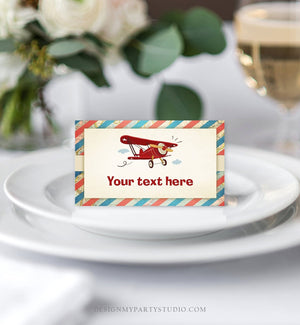 Editable Airplane Food Labels Vintage Airplane Birthday Party Place Card Tent Card Escort Boy Aircraft Plane Sky Red Corjl Template 0011