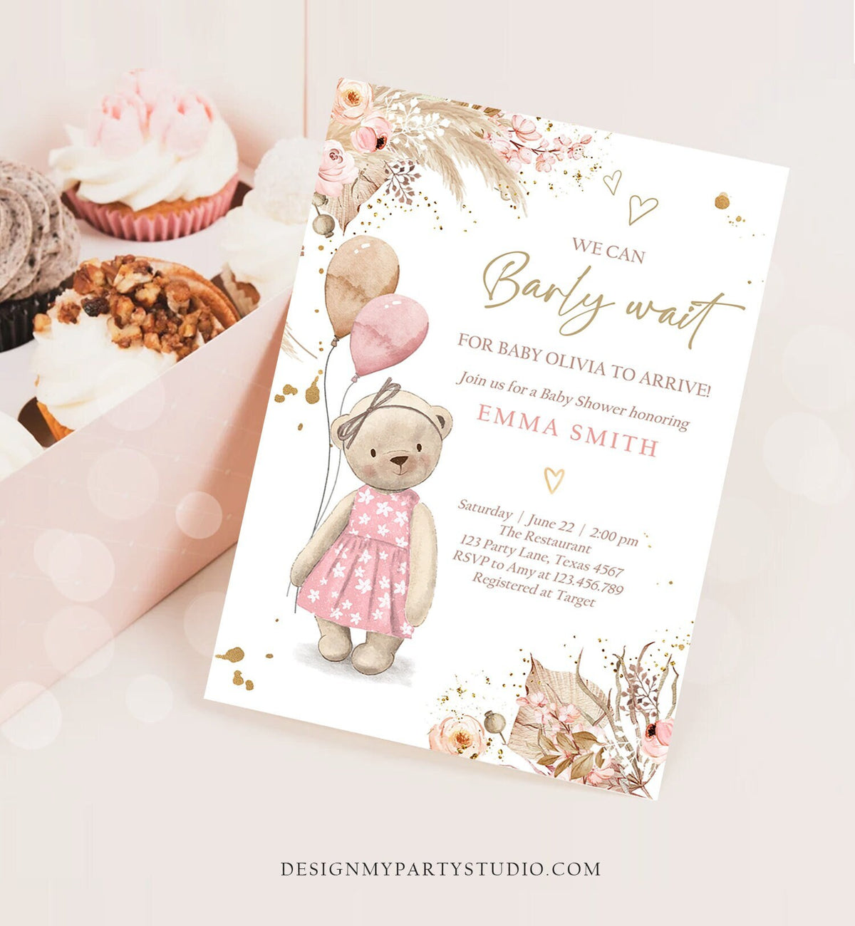 Editable Boho Bear Baby Shower Invitation Girl We can Bearly Wait Pampas Grass Teddy Bear Printable Template Instant Download Evite 0421