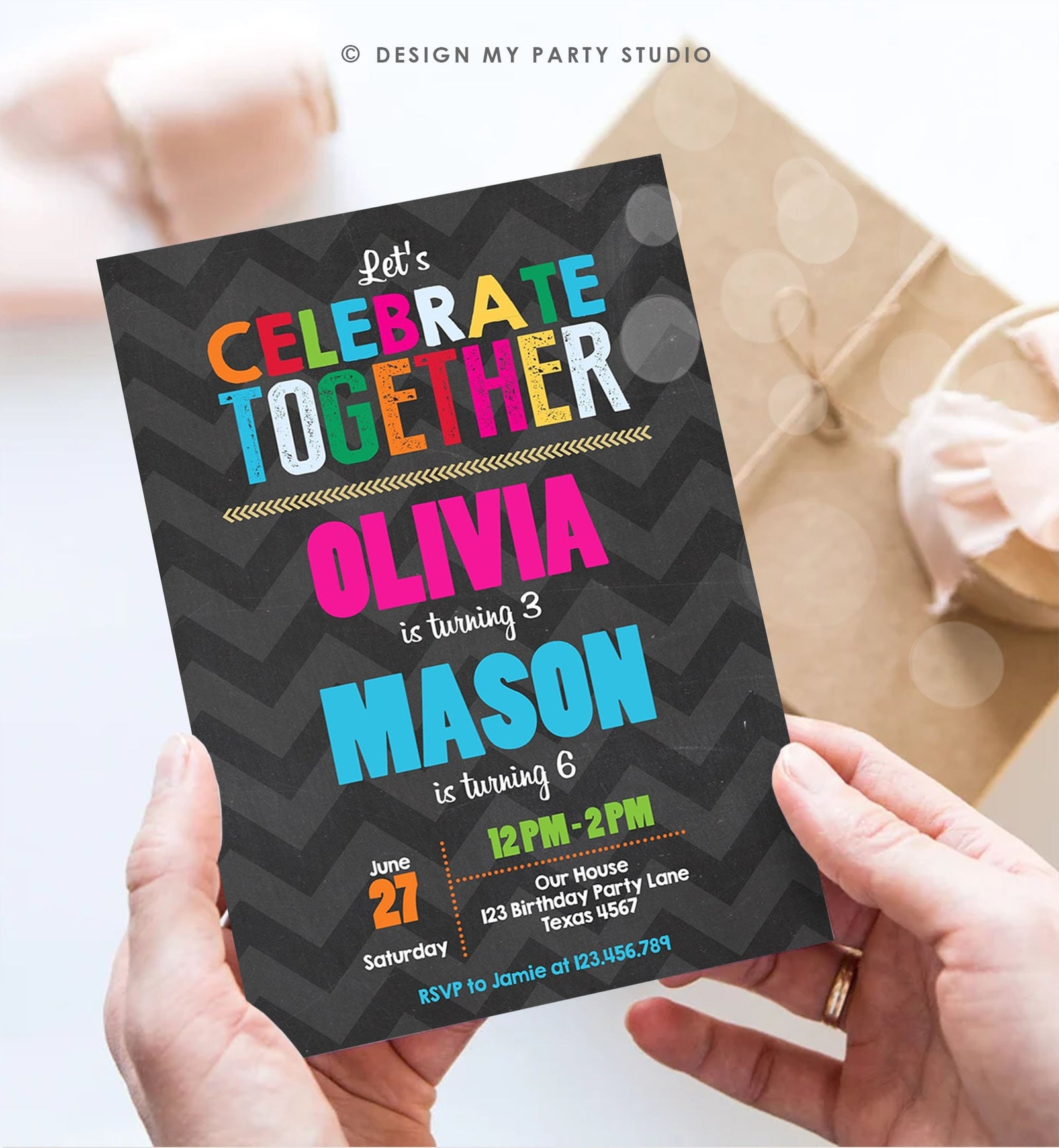 Editable Siblings Birthday Invitation Twins Birthday Party Dual Joint Boy Girl Party Rainbow Digital Download Template Printable 0087
