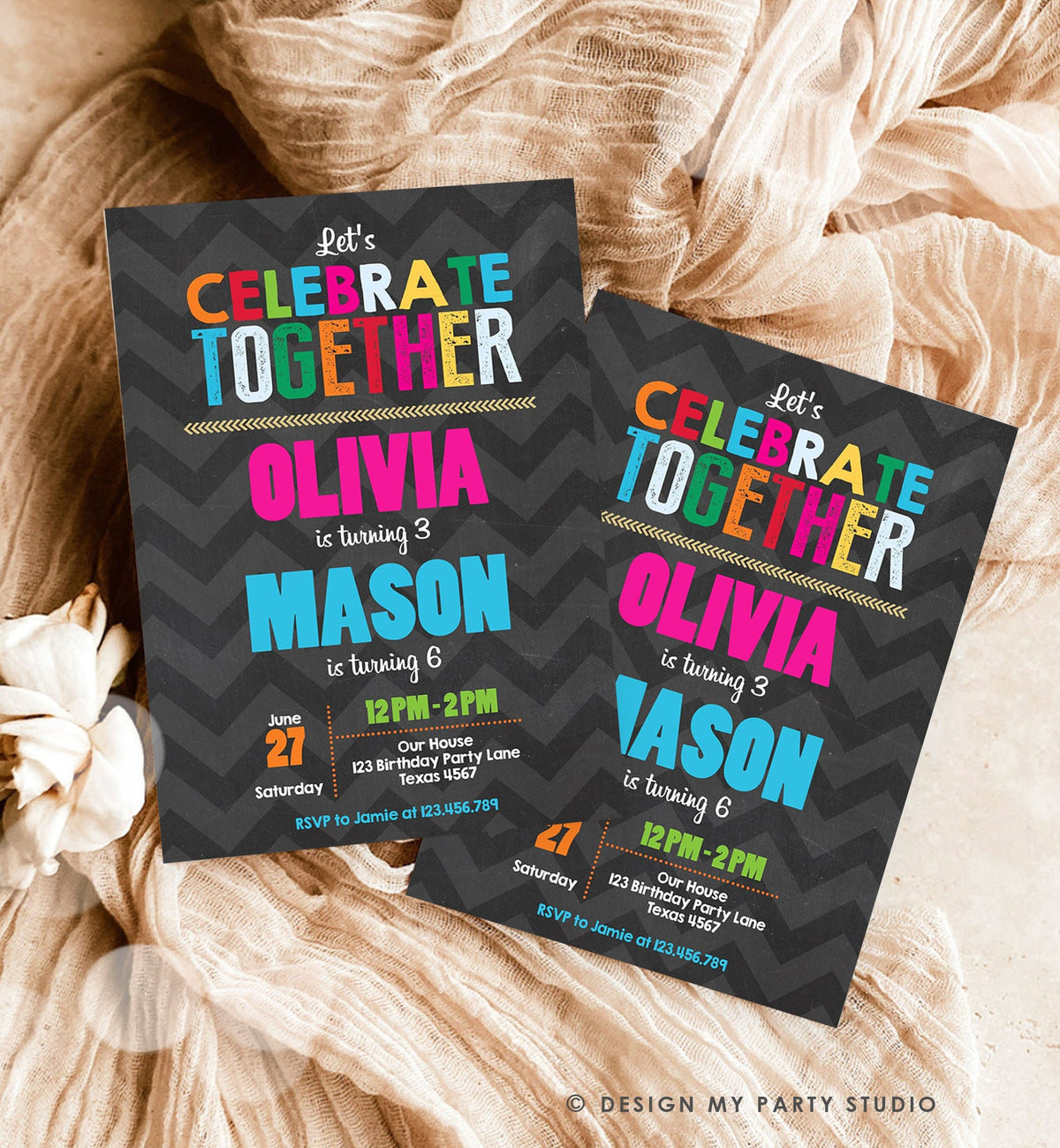 Editable Siblings Birthday Invitation Twins Birthday Party Dual Joint Boy Girl Party Rainbow Digital Download Template Printable 0087