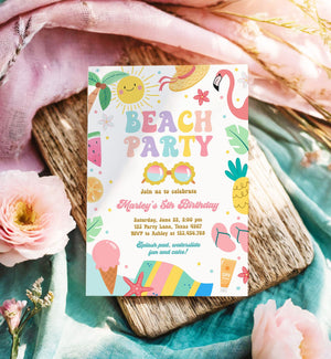 Editable Beach Birthday Invitation Tropical Pool Party Girl Summer Party Waterslide Splish Splash Pink Download Invite Template Corjl 0465