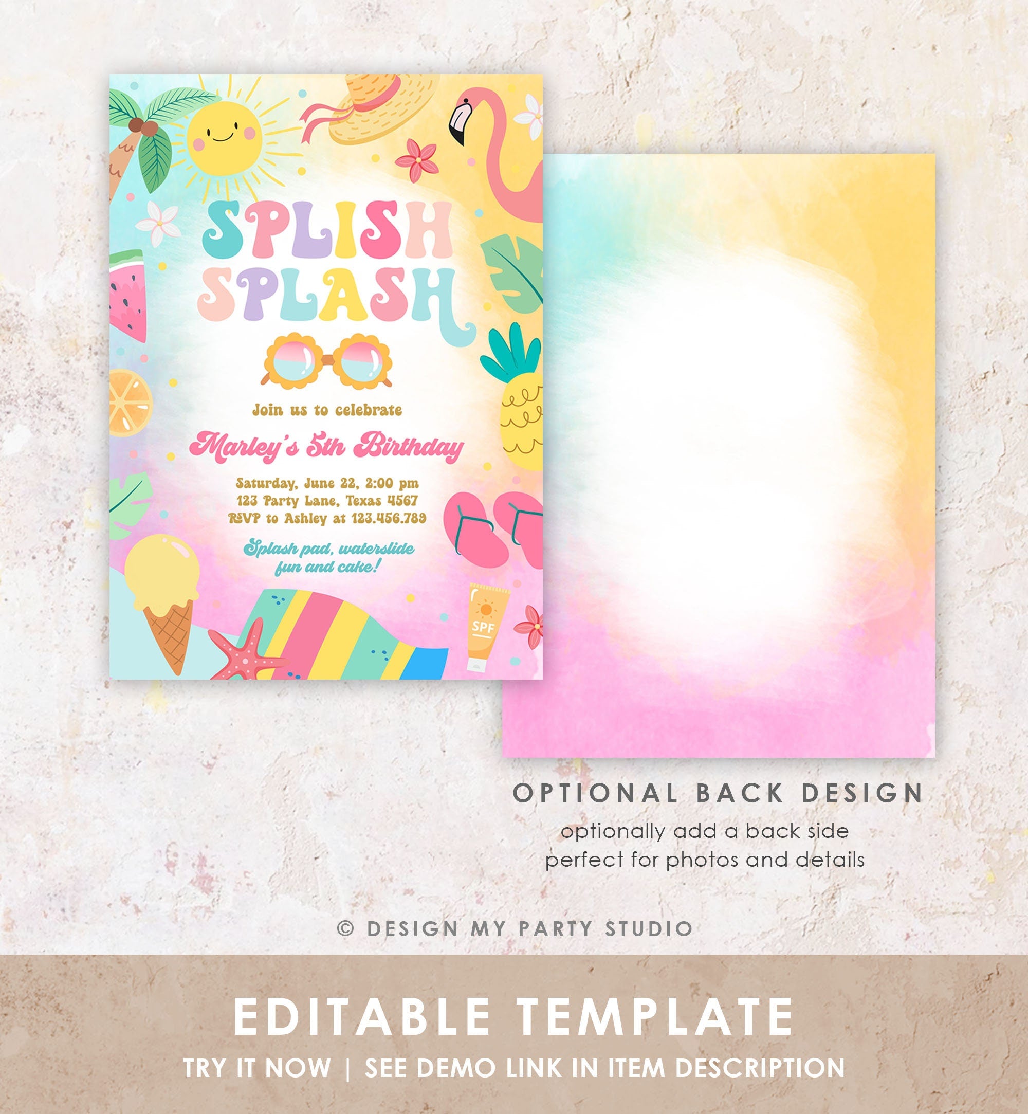 Editable Splish Splash Birthday Invitation Pool Party Girl Summer Waterslide Water Party Pink Digital Download Template Printable 0465