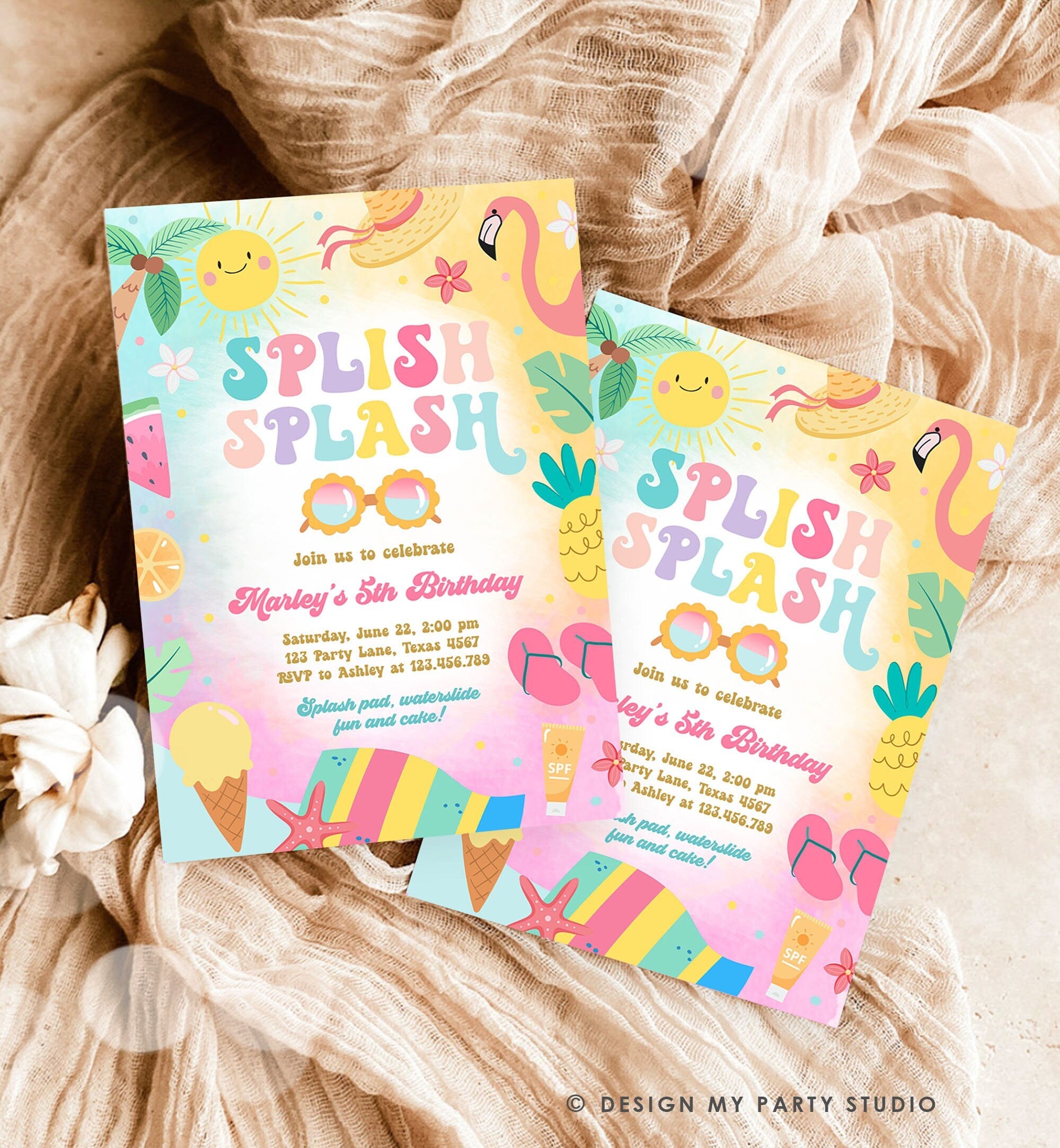 Editable Splish Splash Birthday Invitation Pool Party Girl Summer Waterslide Water Party Pink Digital Download Template Printable 0465