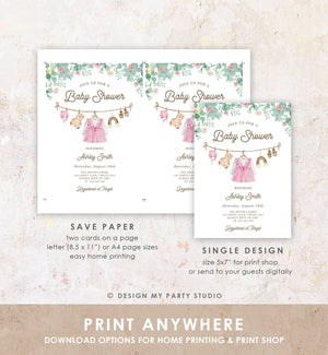 Editable Girl Baby Shower Invitation Watercolor Baby Clothes Clothesline Boho Bohemian Eucalyptus Floral Pink Template Download Corjl 0508