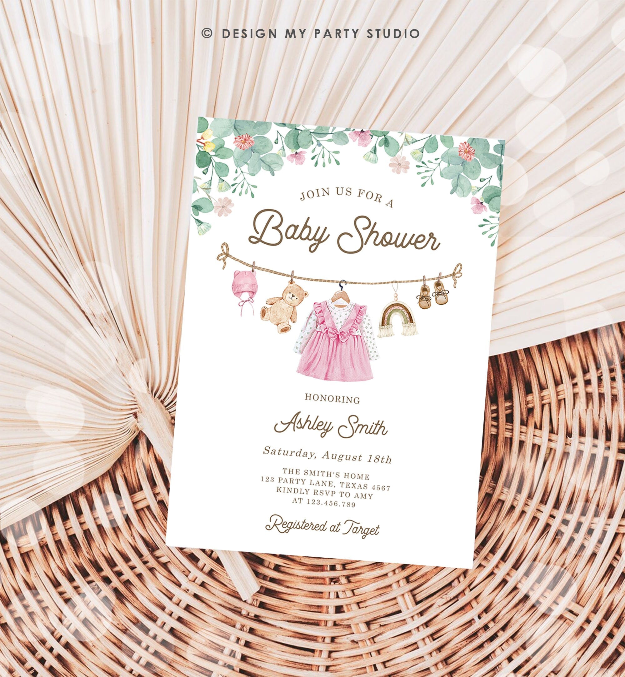Editable Baby Clothes Baby Shower Invitation Girl Watercolor Clothesline Boho Bohemian Eucalyptus Floral Pink Evite Template Printable 0508