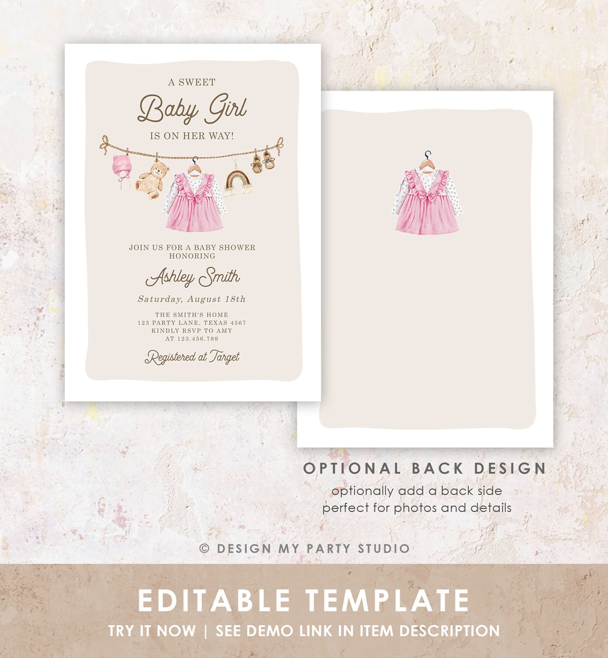 Editable Boho Girl Baby Shower Invitation Watercolor Baby Clothes Clothesline Laundry Eucalyptus Floral Pink Template Download Evite 0508