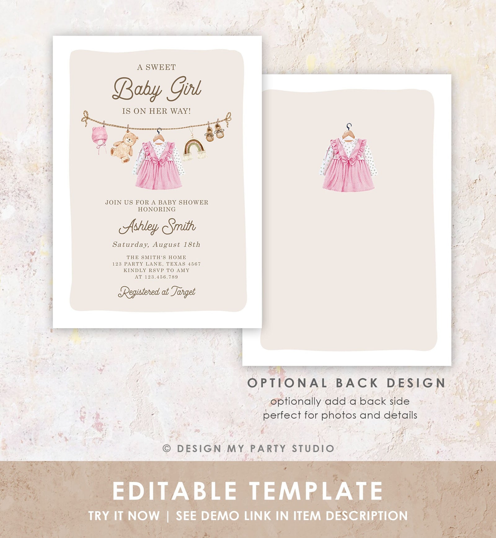 Editable Boho Girl Baby Shower Invitation Watercolor Baby Clothes Clothesline Laundry Eucalyptus Floral Pink Template Download Evite 0508