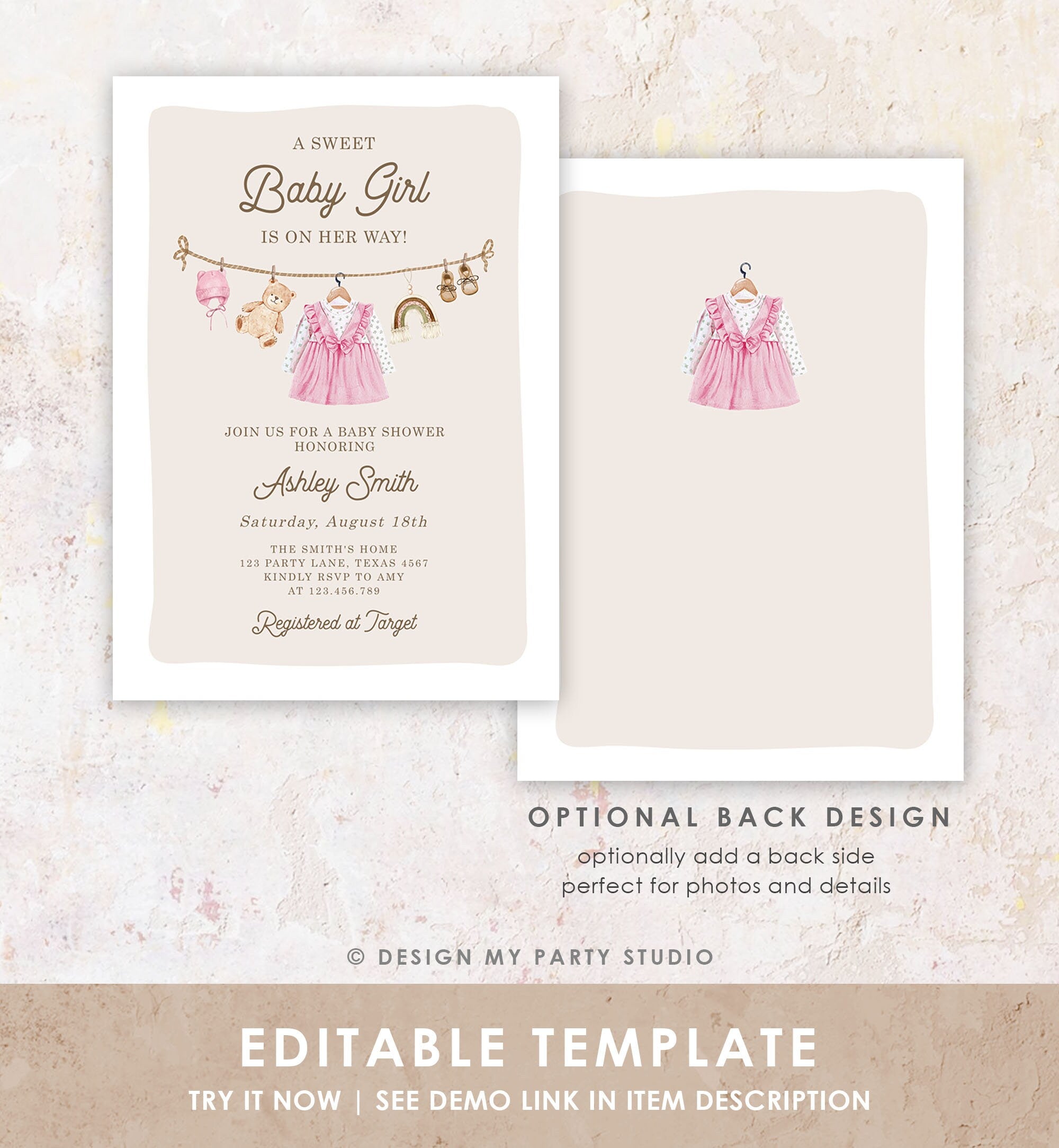 Editable Boho Girl Baby Shower Invitation Watercolor Baby Clothes Clothesline Laundry Eucalyptus Floral Pink Template Download Evite 0508