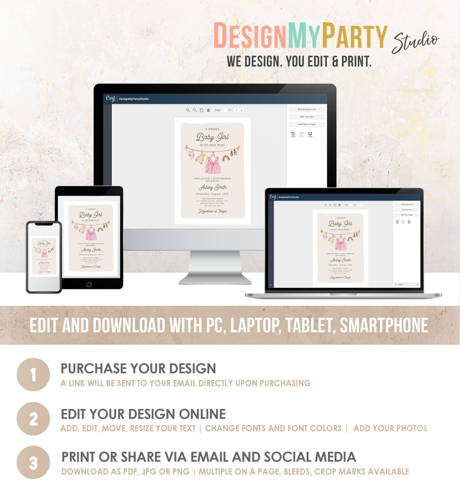 Editable Boho Girl Baby Shower Invitation Watercolor Baby Clothes Clothesline Laundry Eucalyptus Floral Pink Template Download Evite 0508