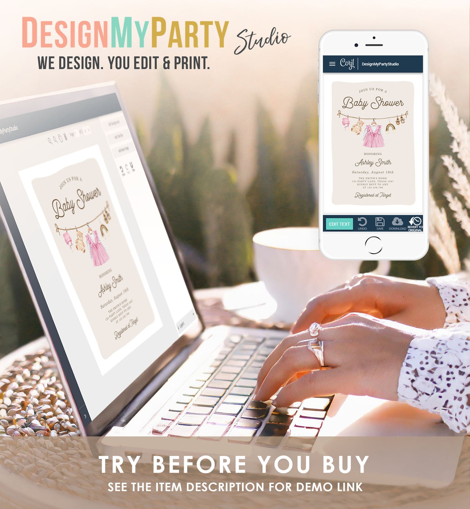 Editable Baby Clothes Baby Shower Invitation Watercolor Girl Clothesline Boho Bohemian Eucalyptus Floral Pink Evite Template Printable 0508