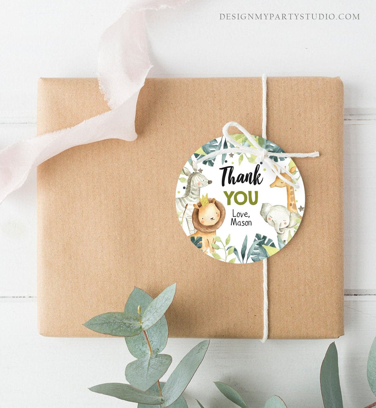Editable Safari Thank you Tags Wild One Stickers Jungle Green Gold Animals Gift Tag Boy Zoo Safari Favor Tags Lion Template Printable 0163