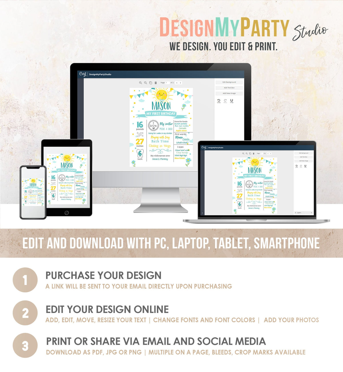 Editable Little Sunshine Birthday Milestone Sign Summer First Birthday 1st Birthday Boy Blue Digital Download Template Printable Poster 0141