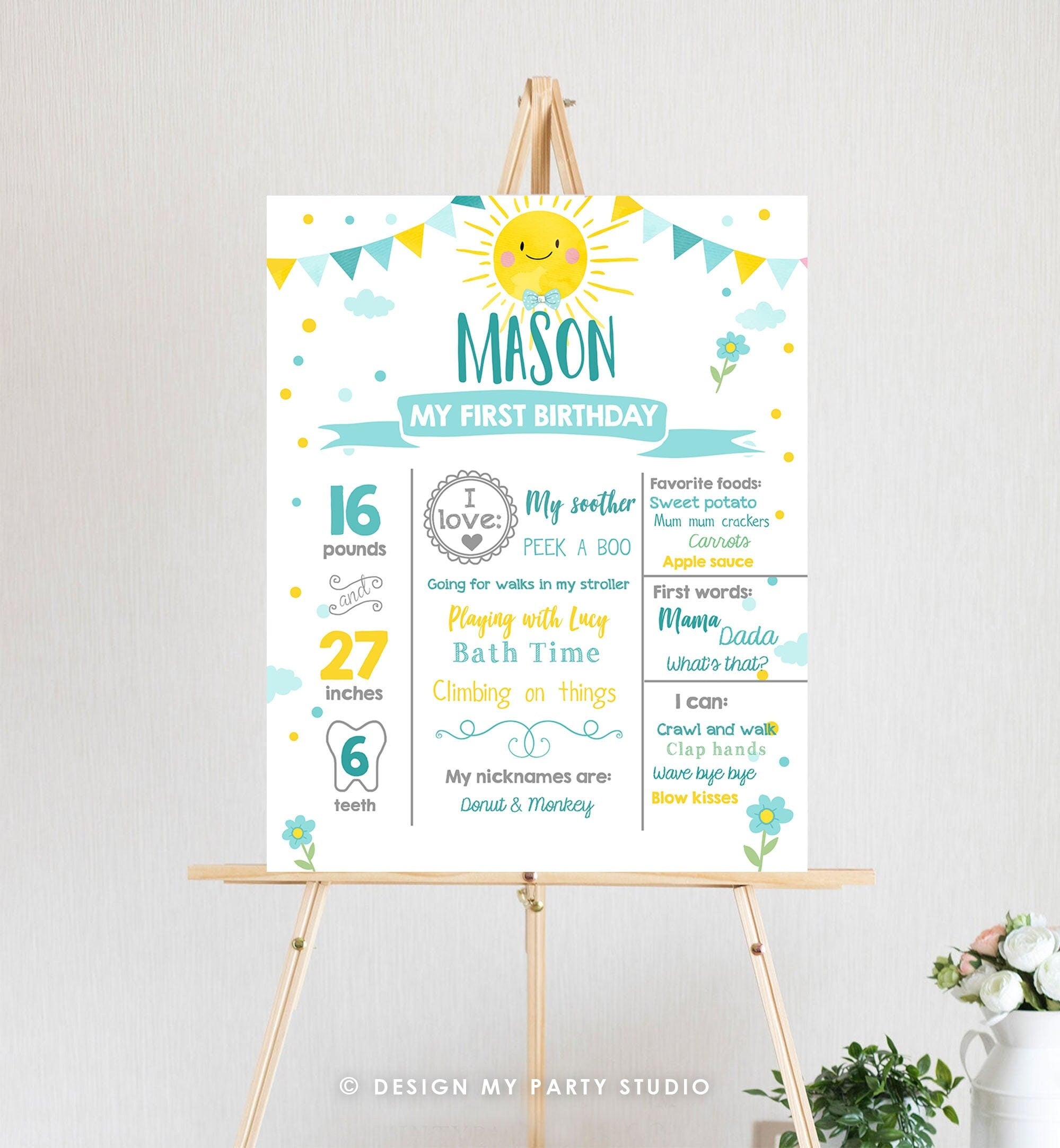 Editable Little Sunshine Birthday Milestone Sign Summer First Birthday 1st Birthday Boy Blue Digital Download Template Printable Poster 0141