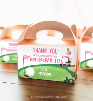 Editable Hole in One Birthday Party Gable Box Favor Label Pink Golf Gift Box Labels Par-tee Girl Golfing 1st Download Printable Corjl 0405
