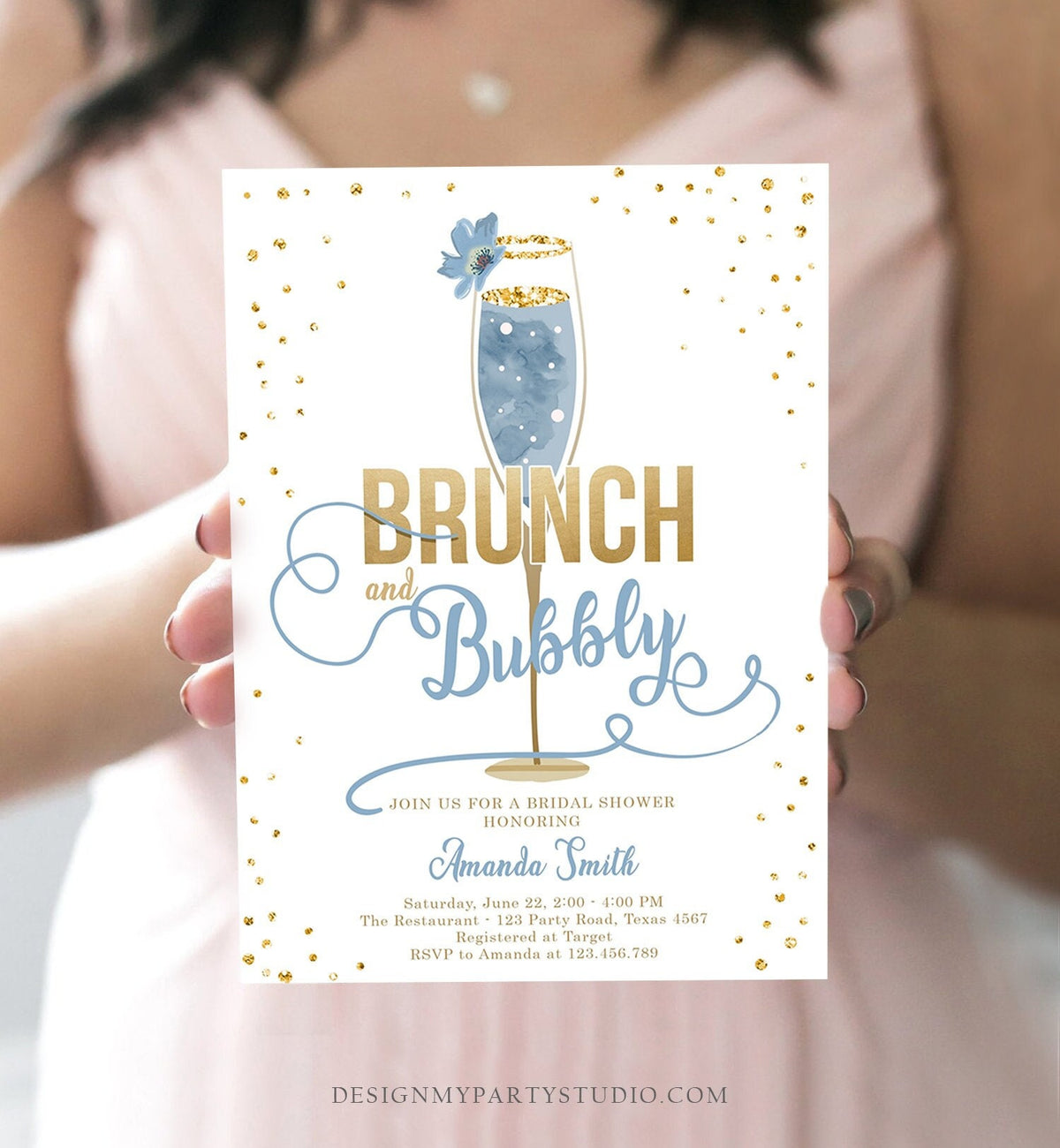 Editable Brunch and Bubbly Bridal Shower Invitation Floral Champagne Gold Dusty Blue Wedding Digital Download Evite Template Printable 0150