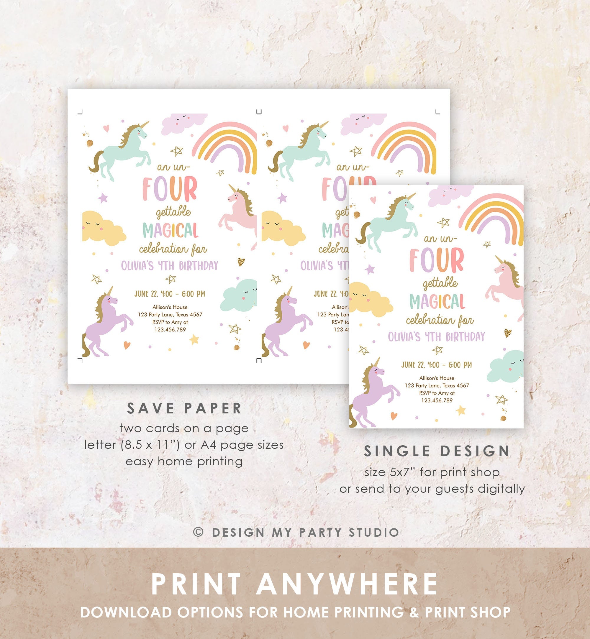 Editable Unicorn 4th Birthday Invitation Un Four Gettable Party Girl Pastel Fourth Rainbow Digital Download Evite Template Printable 0426