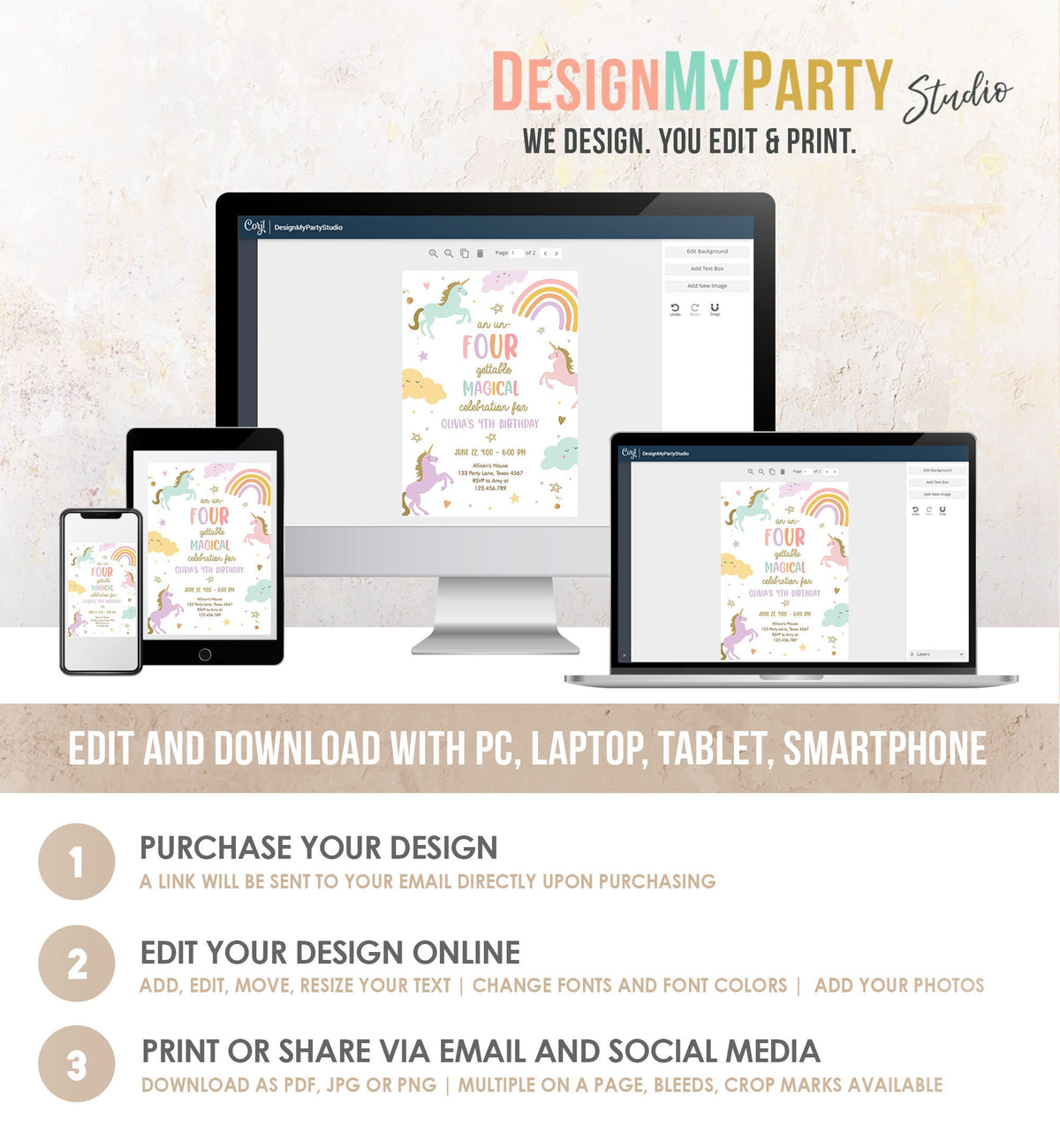 Editable Unicorn 4th Birthday Invitation Un Four Gettable Party Girl Pastel Fourth Rainbow Digital Download Evite Template Printable 0426