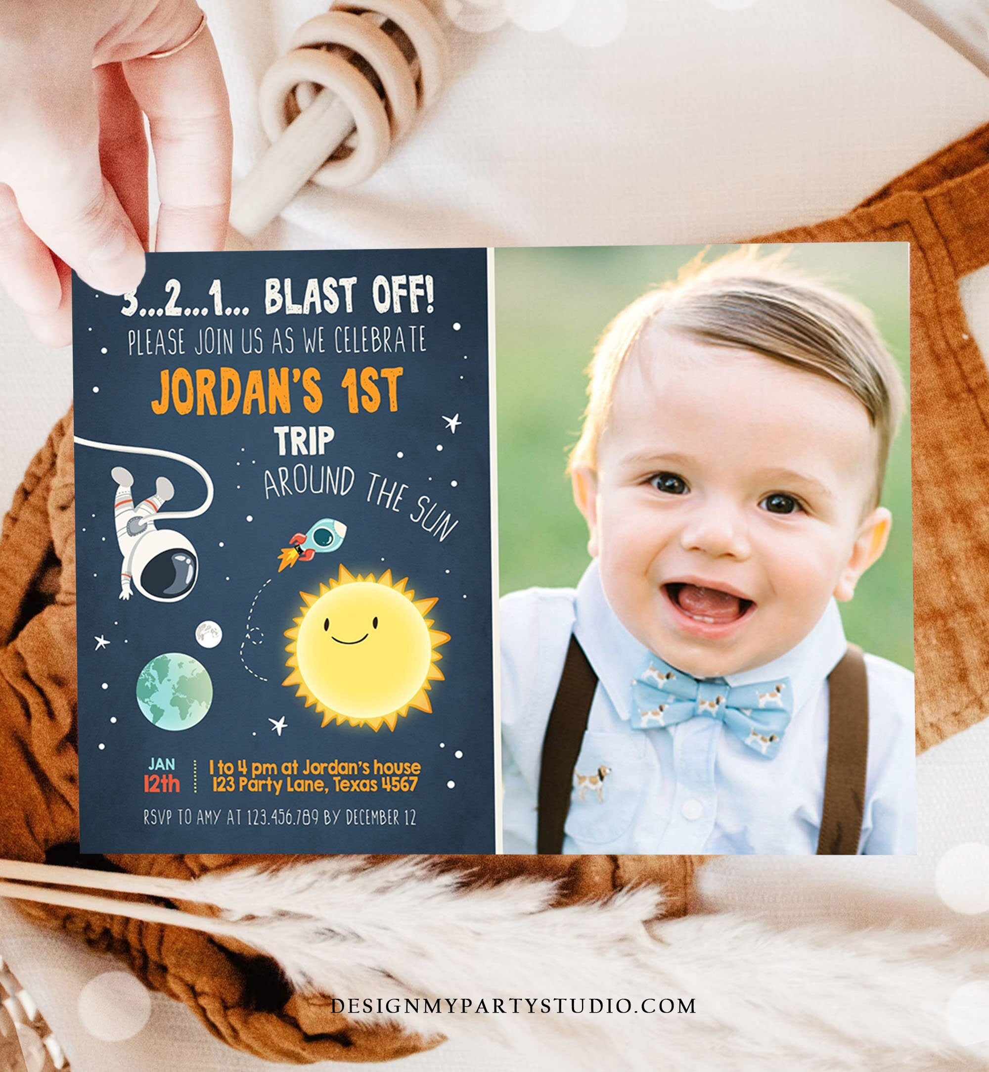 Editable Outer Space Birthday Invitation Rocket Astronaut Birthday First Trip Blast Off Digital Download Evite Template Printable 0046